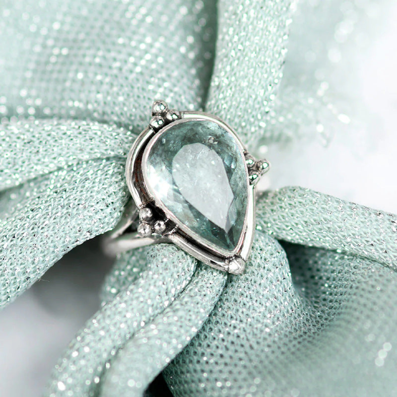 Water Drop Aquamarine Ring Popular Simplicity Classical Pear-shaped Palace Style