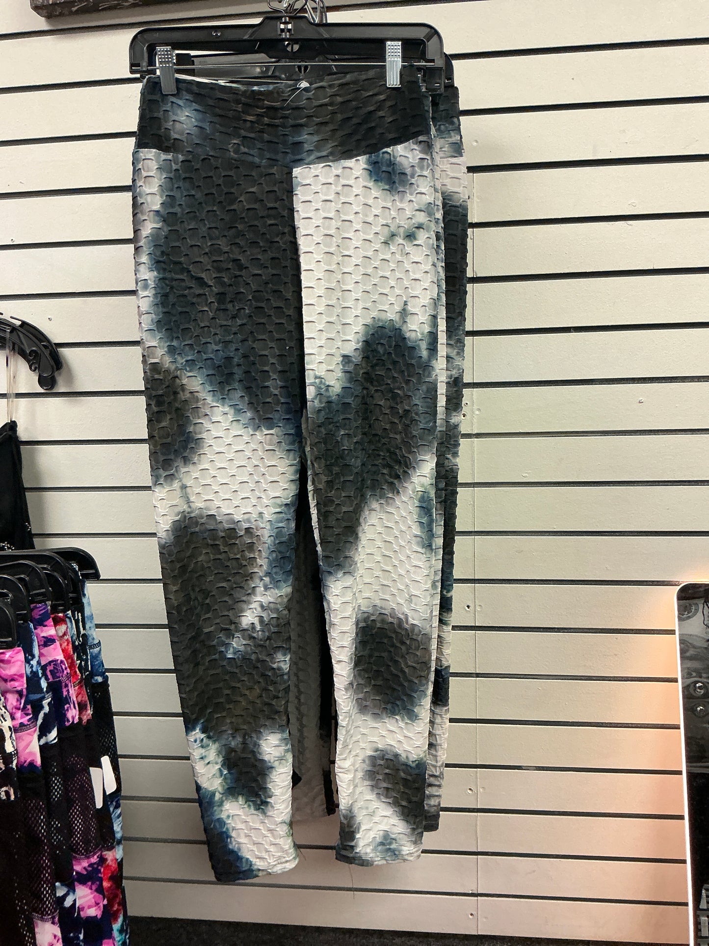 Tie-dye, black, gray, and white spandex