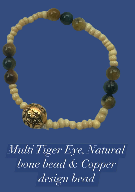 Multi tiger, eyes bracelet, custom design natural bone &Copper design bead