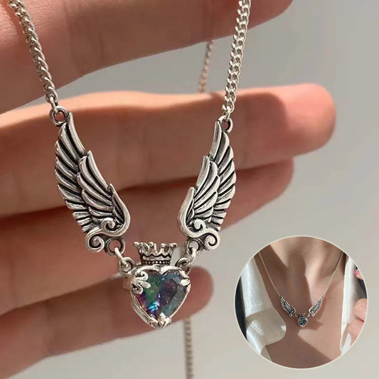 Vintage Gothic Heart Crown Angel Wings Pendant Necklaces Love Shape Clavicle Chain Choker Jewelry Fashion Jewelry